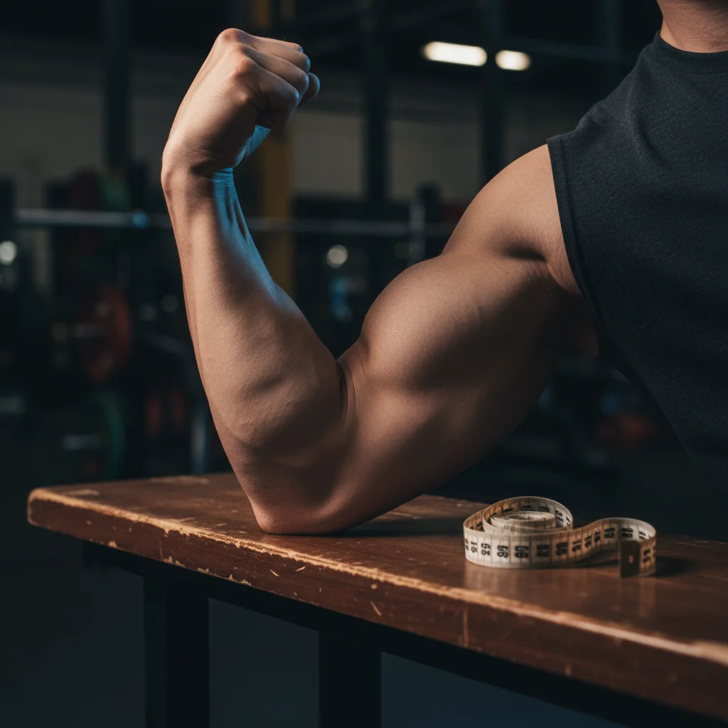 Athletic arm flexing showing moderate natural bicep development with realistic proportions and tape measure nearby