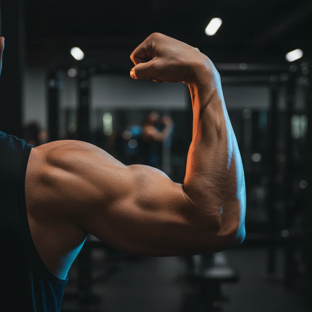 Muscular arm flexing a large bicep from the side showing impressive arm development with visible muscle definition