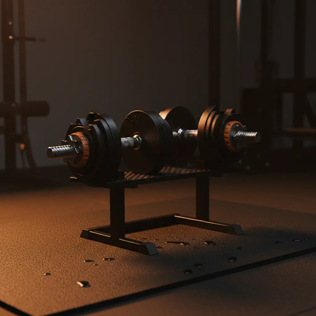 A pair of modern adjustable dumbbells on a weight stand in a home gym with warm moody lighting
