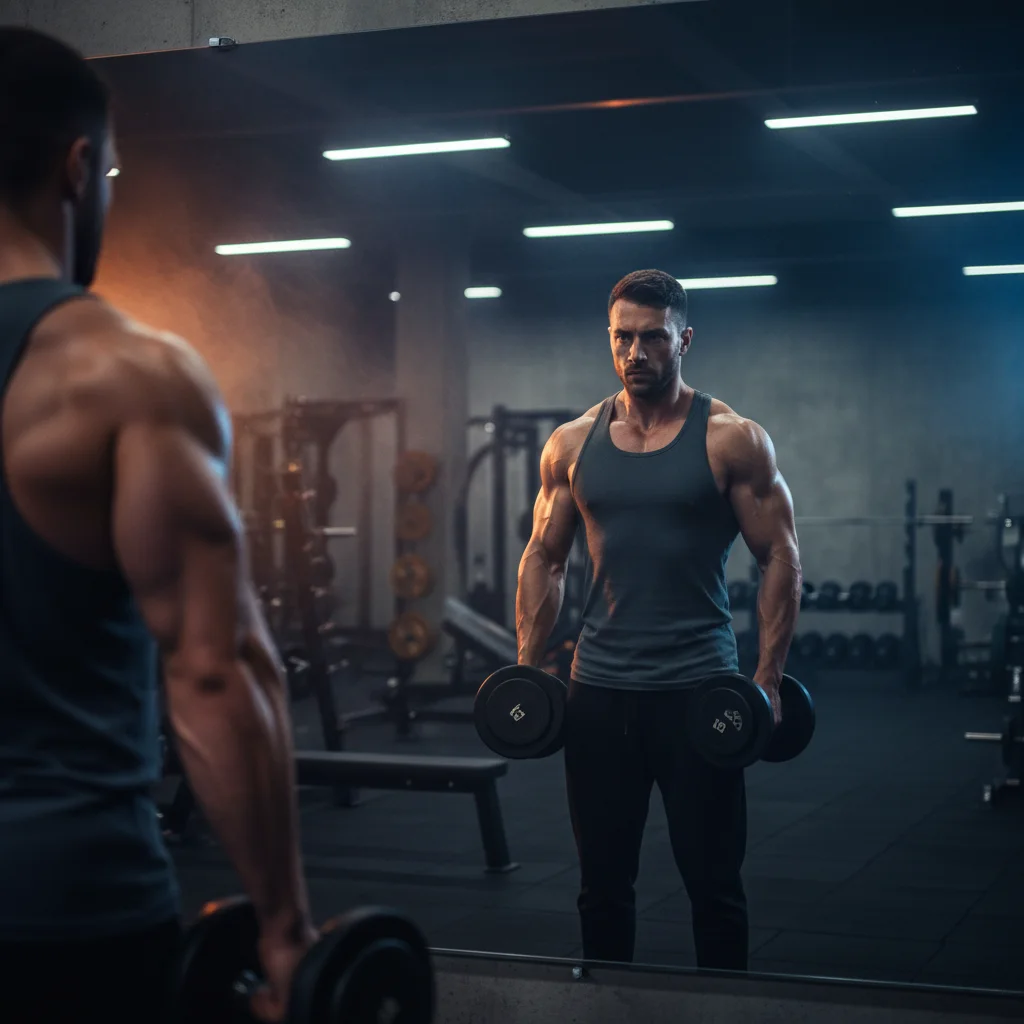 Fit person between sets on arm day holding dumbbells at their sides with pumped arms in front of a gym mirror
