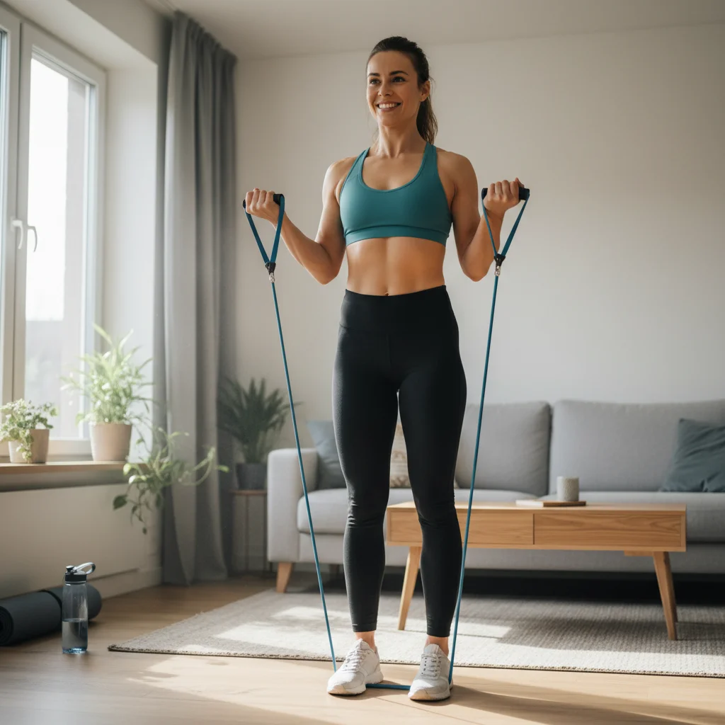 Person doing bicep curls with resistance bands at home in a living room in a practical home workout setting
