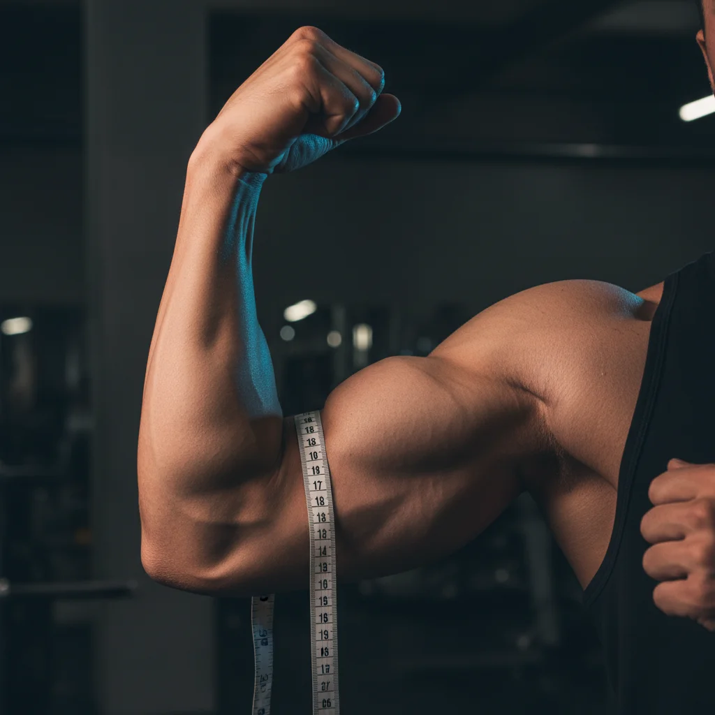 Person measuring their flexed bicep with a tape measure showing the measurement around a muscular upper arm