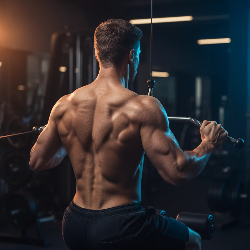 Muscular person performing a cable row with back muscles visible and engaged showing the back-and-bicep connection