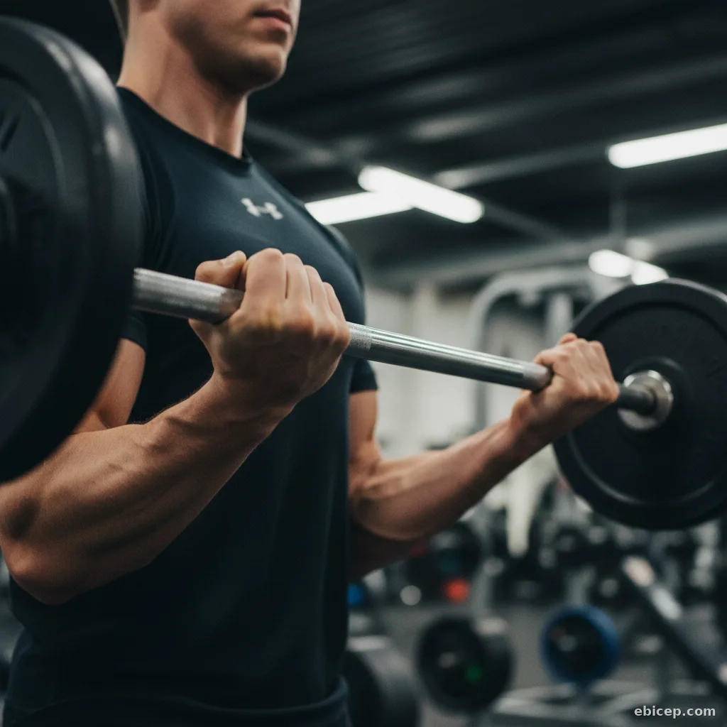 Someone performing a standing barbell curl with underhand grip and biceps contracting mid-curl