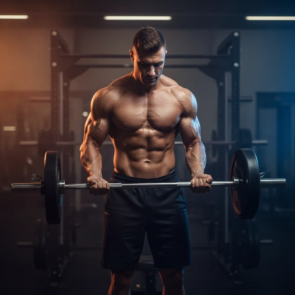 Muscular person performing a standing barbell curl with strict form showing both arms curling a loaded barbell at mid-range