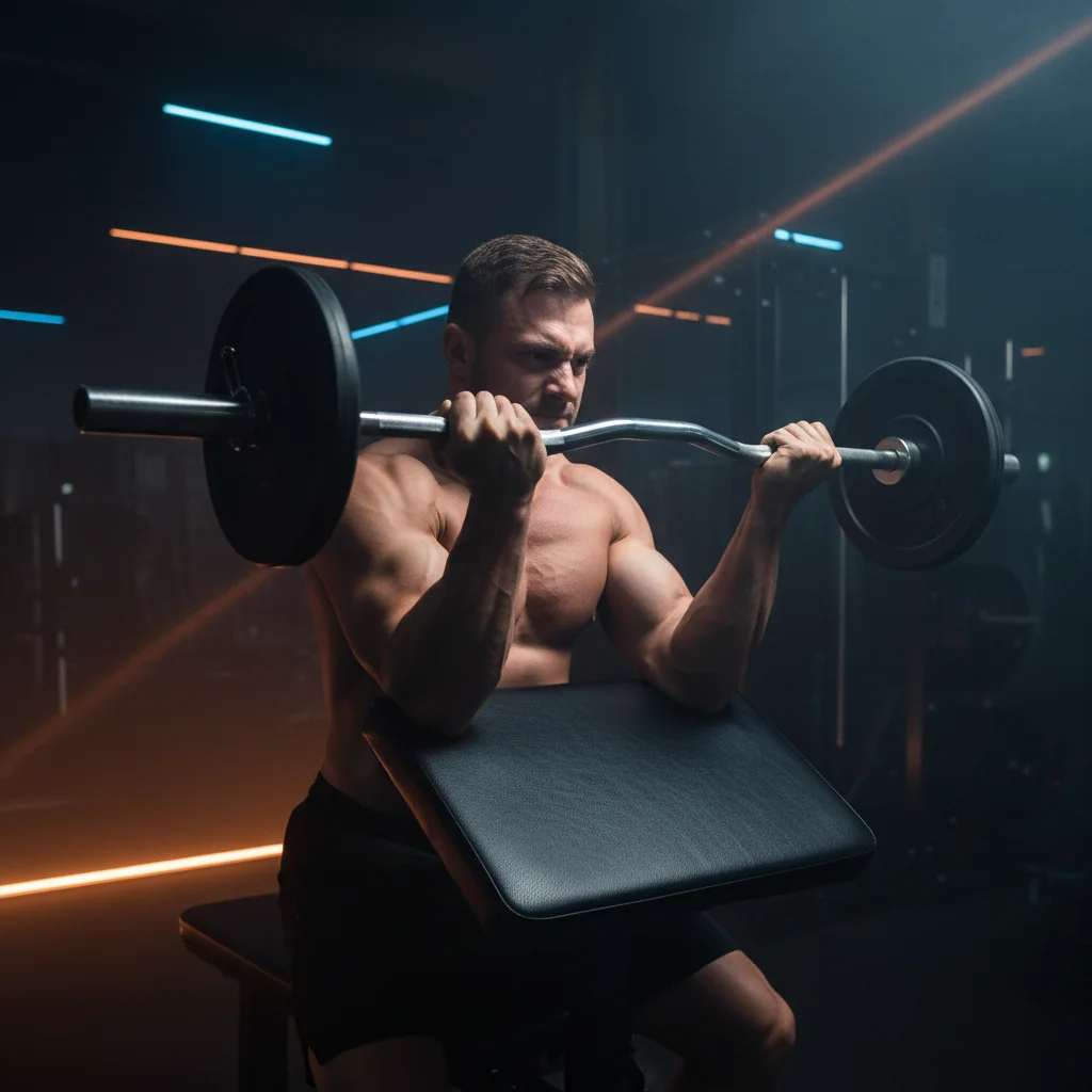 Person performing a barbell preacher curl with arms draped over the angled preacher bench pad curling an EZ bar upward
