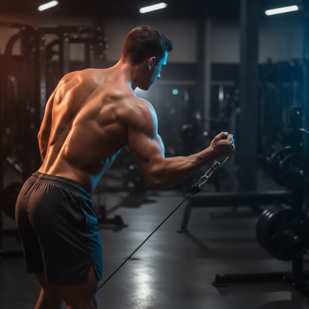 Person facing away from a low cable machine performing a Bayesian curl with arm extended behind the body showing the stretched bicep position