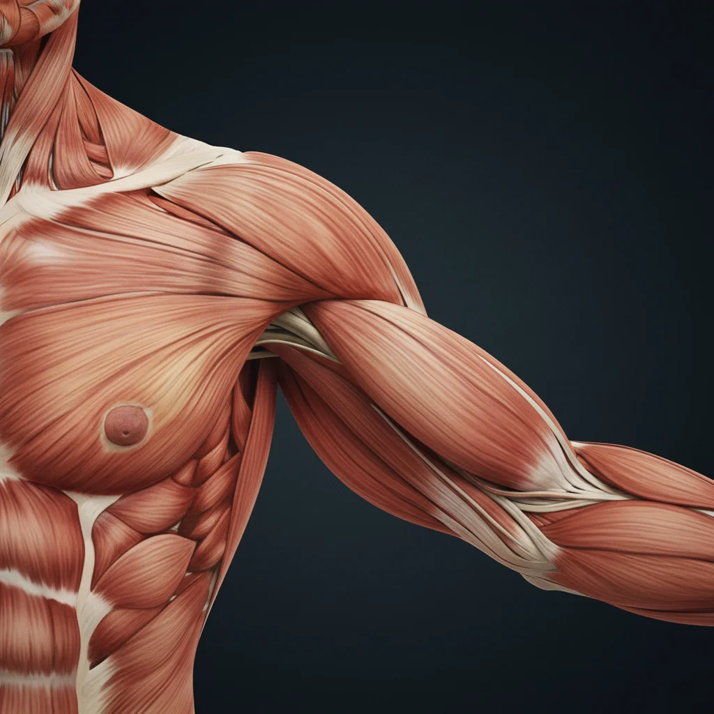 Detailed anatomical view of the upper arm showing biceps brachii with long and short heads brachialis and tendons