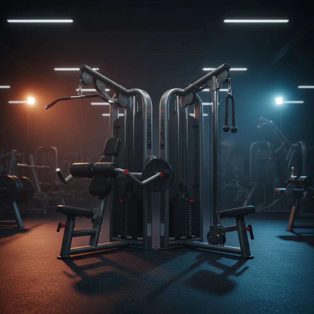 Dual-function arm machine in a gym showing bicep curl and tricep extension stations with modern commercial equipment