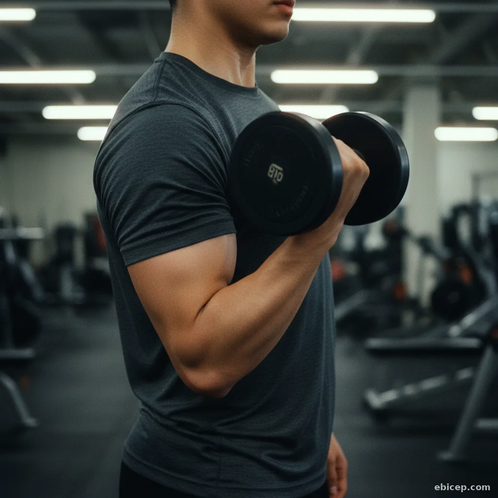 Someone performing a bicep curl with slightly incorrect form showing elbow drift