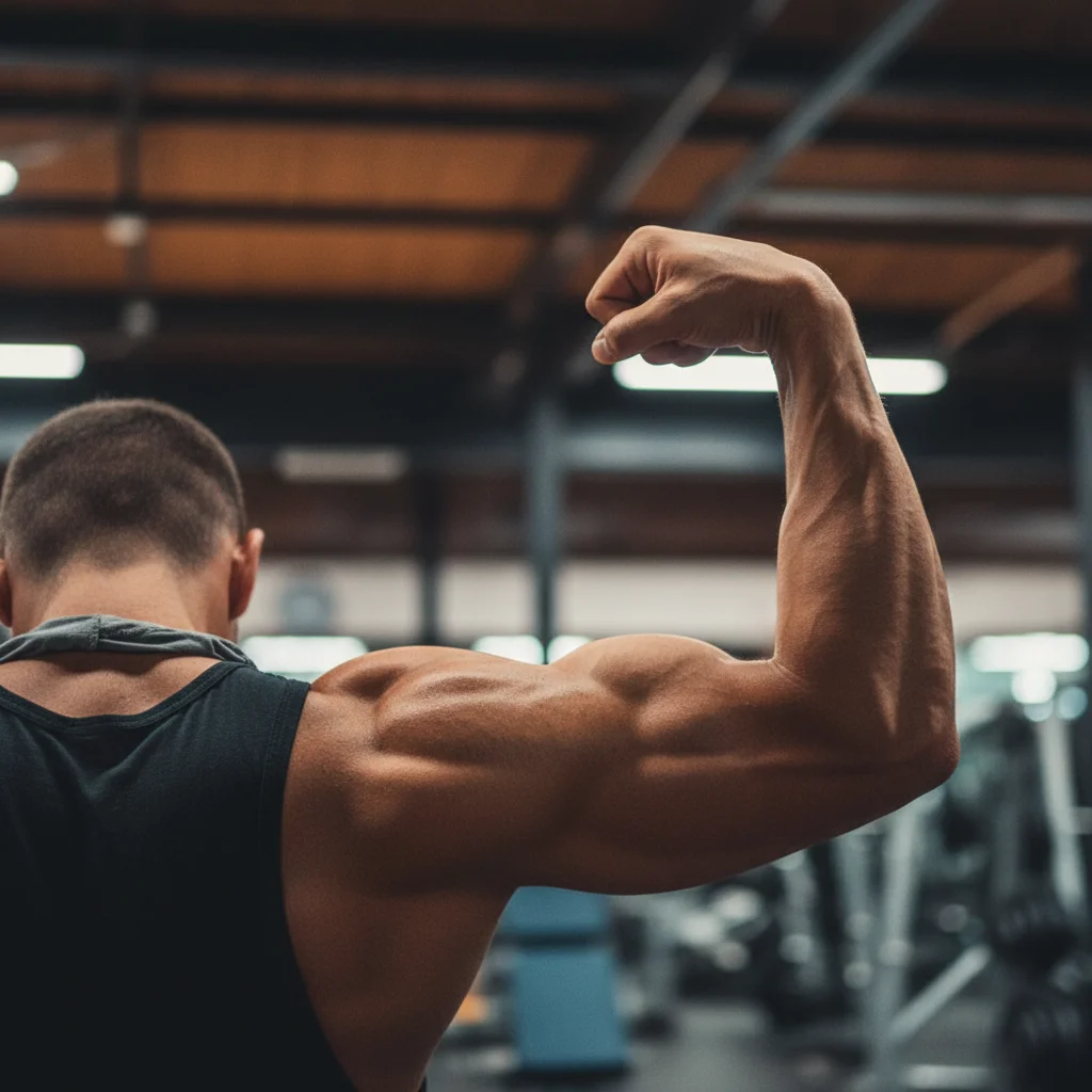Muscular arm in a front double bicep pose showing both heads clearly visible with outer peak and inner mass defined