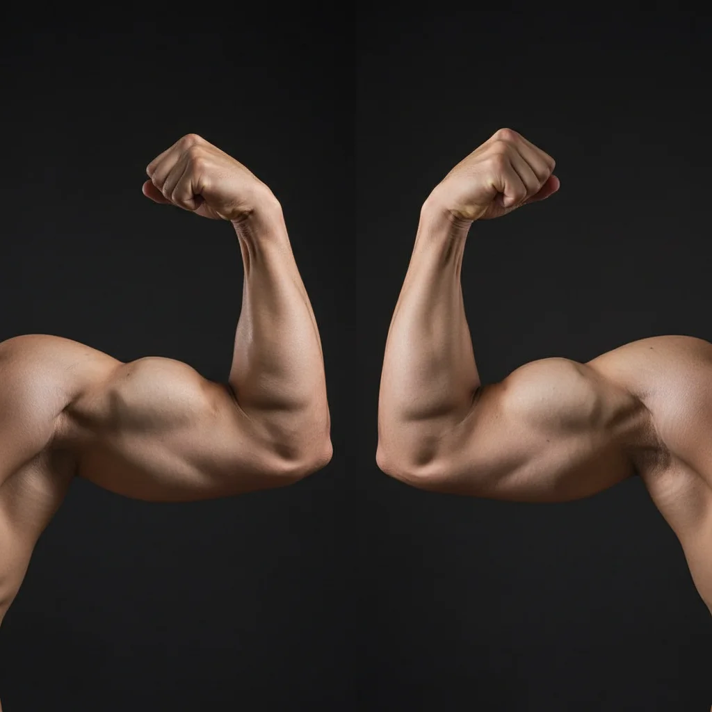 Two arms side by side showing different bicep insertion points with high insertion and low insertion comparison