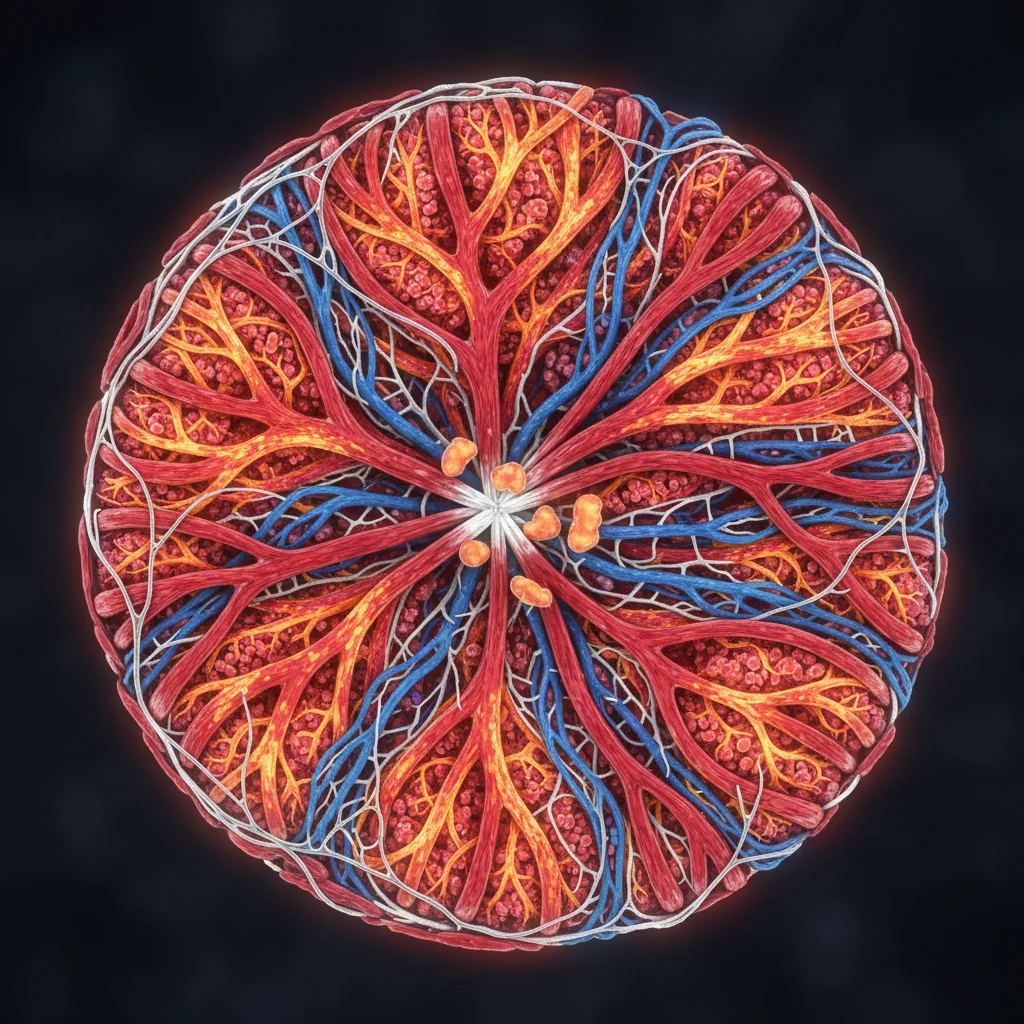 Artistic visualization of muscle fibers showing fast-twitch and slow-twitch fibers in contrasting colors within a muscle cross-section