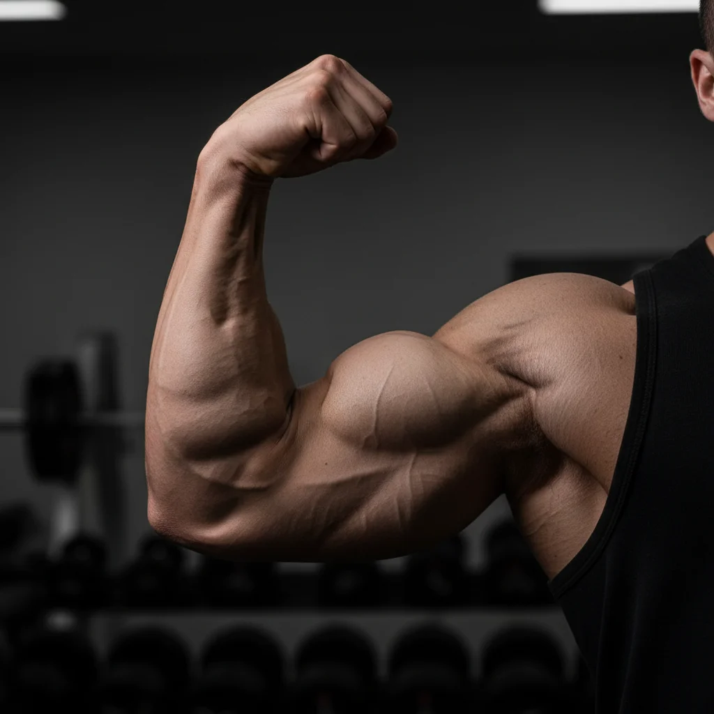 Muscular upper arm viewed from the front showing flexed biceps with visible muscle belly and defined peak