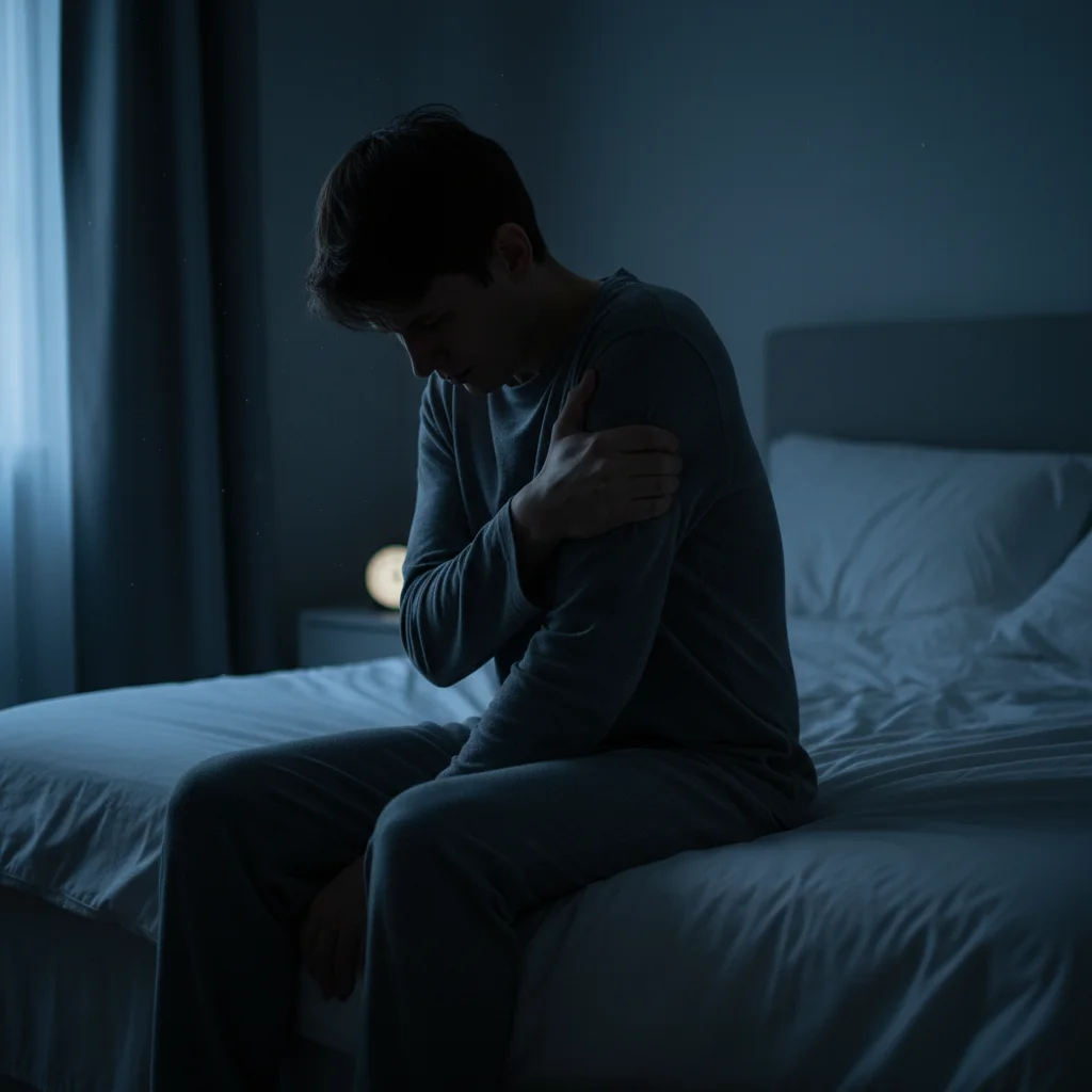 Person sitting on the edge of a bed in dim lighting holding their upper arm in discomfort with blue-toned night light