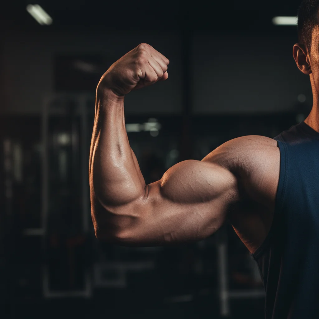 Muscular arm in a double bicep pose showing an impressive bicep peak from the side angle with clear definition