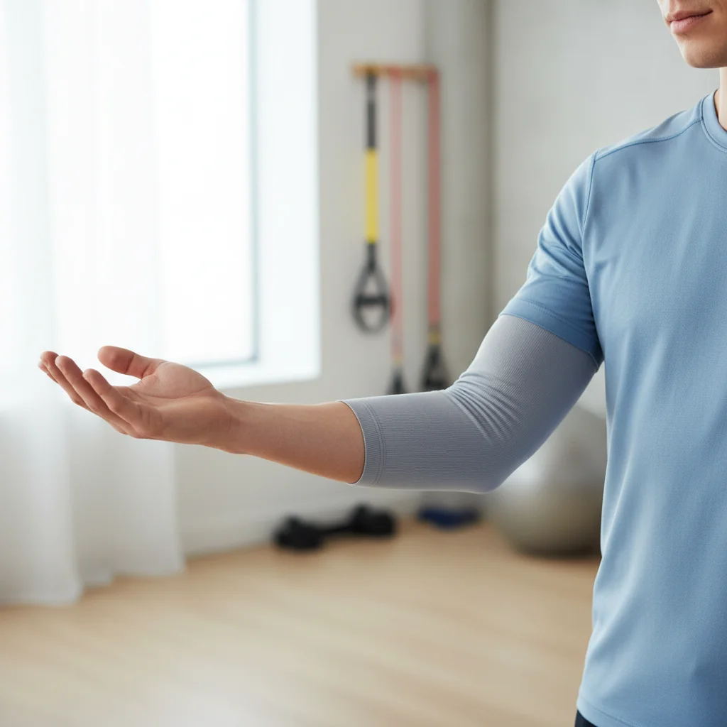 Person gently stretching their arm during bicep recovery wearing a light compression sleeve on the upper arm
