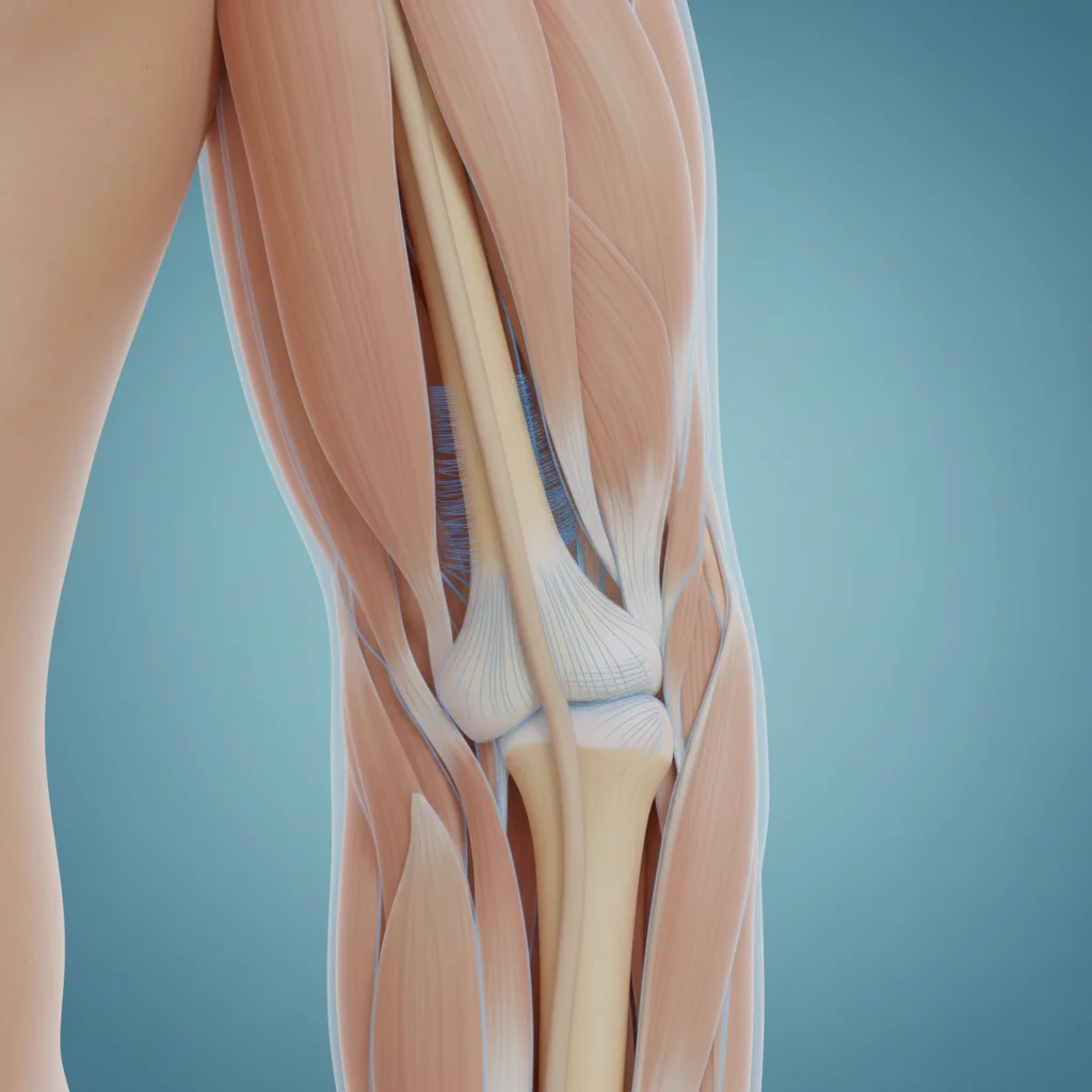 Close-up of the inner elbow area showing bicep tendon attachment to the radius bone with subtle anatomical overlay