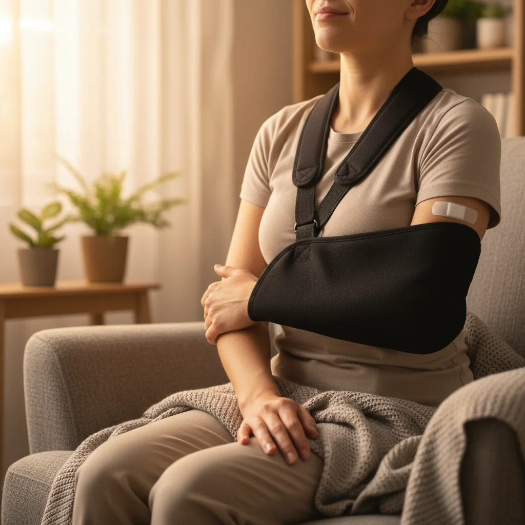 Person's arm in a post-surgery sling sitting in a recovery setting with a healing hopeful angle