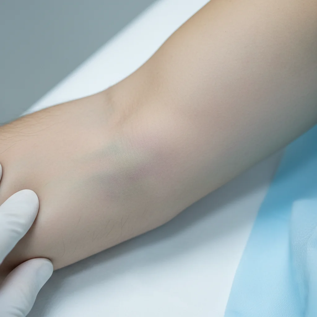Close-up of the inner elbow area showing the crook of the arm with subtle bruising suggesting a bicep tendon injury