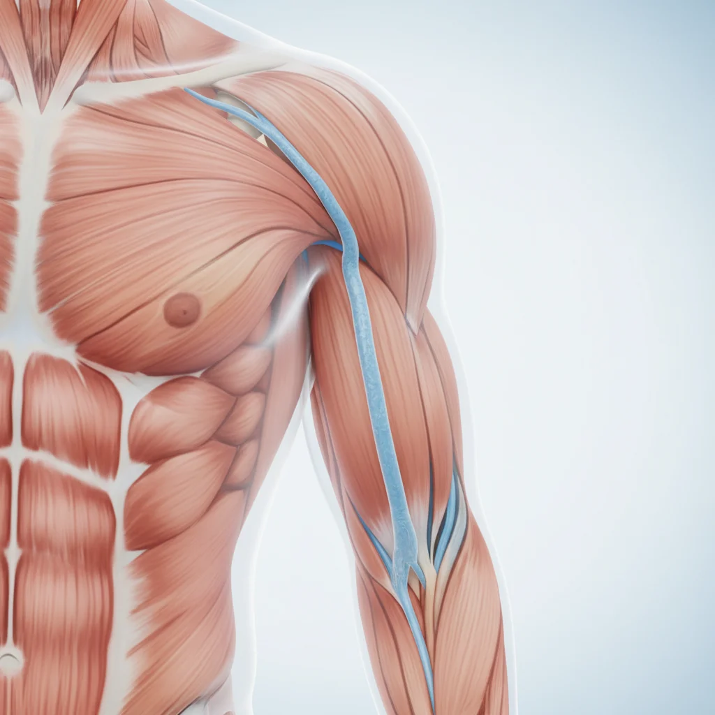 Medical illustration style close-up of an arm showing the bicep muscle area with anatomical overlay of tendon attachment