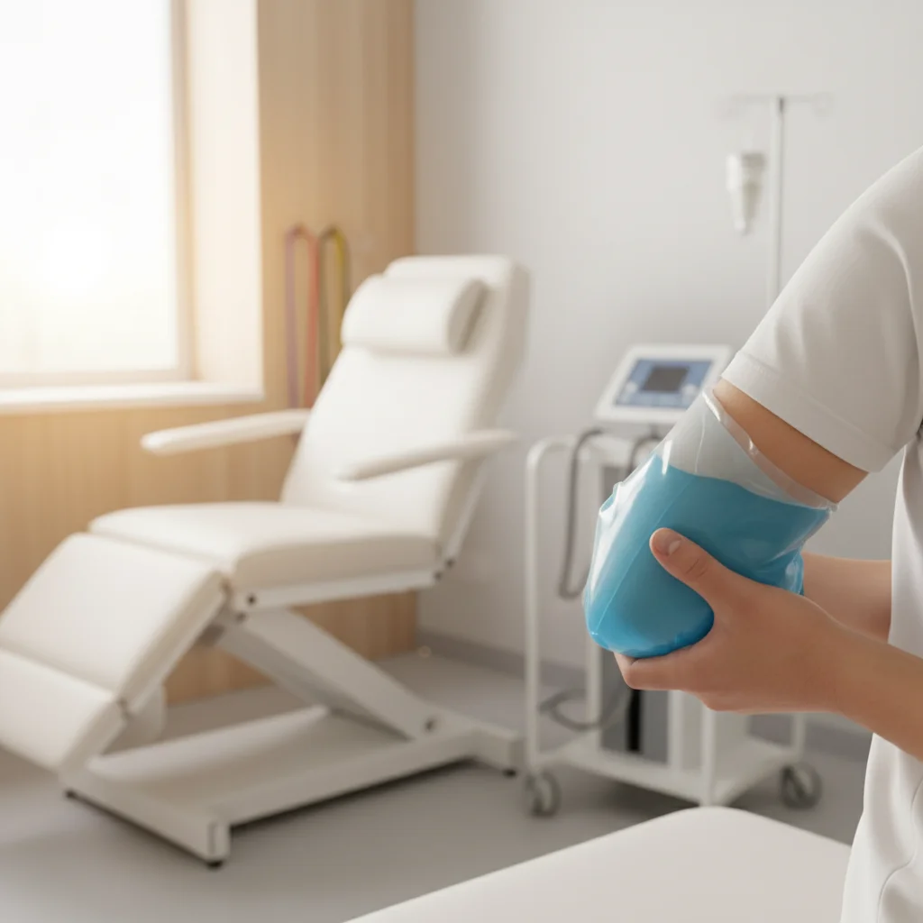 Person icing their inner elbow area with an ice pack showing the bicep tendon region in a recovery setting