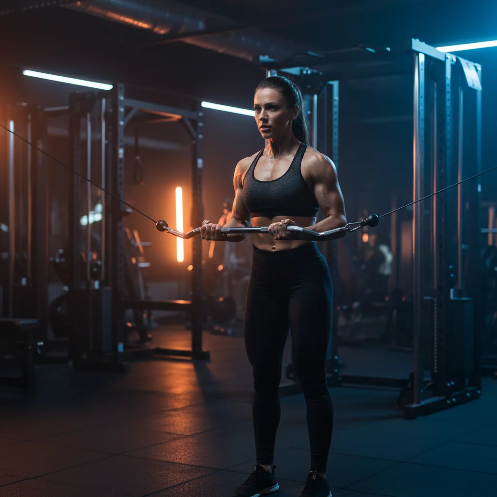 Fit woman performing a cable curl in a modern gym showing toned arms with muscle definition and confident stance