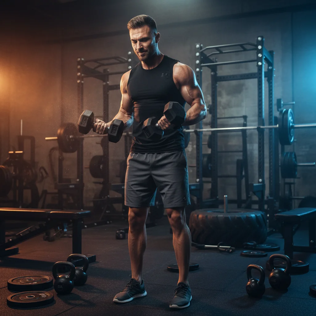 Person mid-workout doing a dumbbell curl set in a gym surrounded by training equipment in an intense action shot