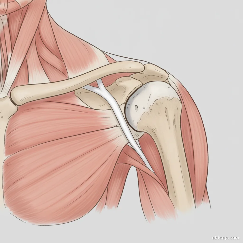 Anatomical illustration of the front of a human shoulder showing the bicipital groove on the humerus with the biceps tendon