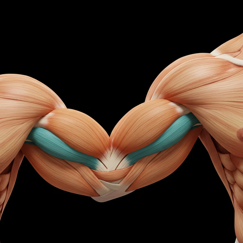 Side view of a muscular arm showing the brachialis muscle highlighted underneath the biceps brachii in distinct colors