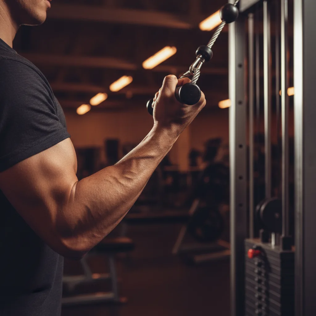 Close-up of someone performing a cable bicep curl showing the cable under tension and bicep contracting mid-curl