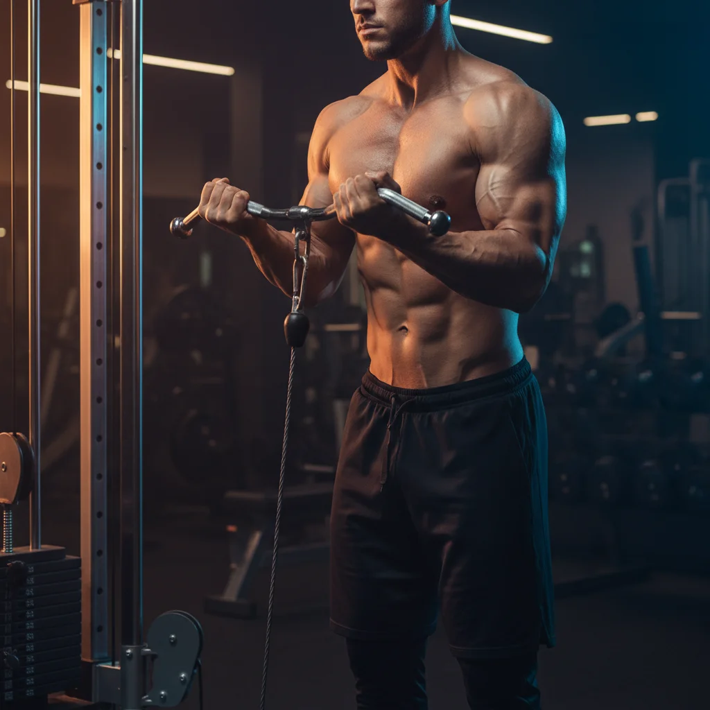 Person performing a standing cable bicep curl at a cable machine pulling a straight bar attachment upward with biceps contracted