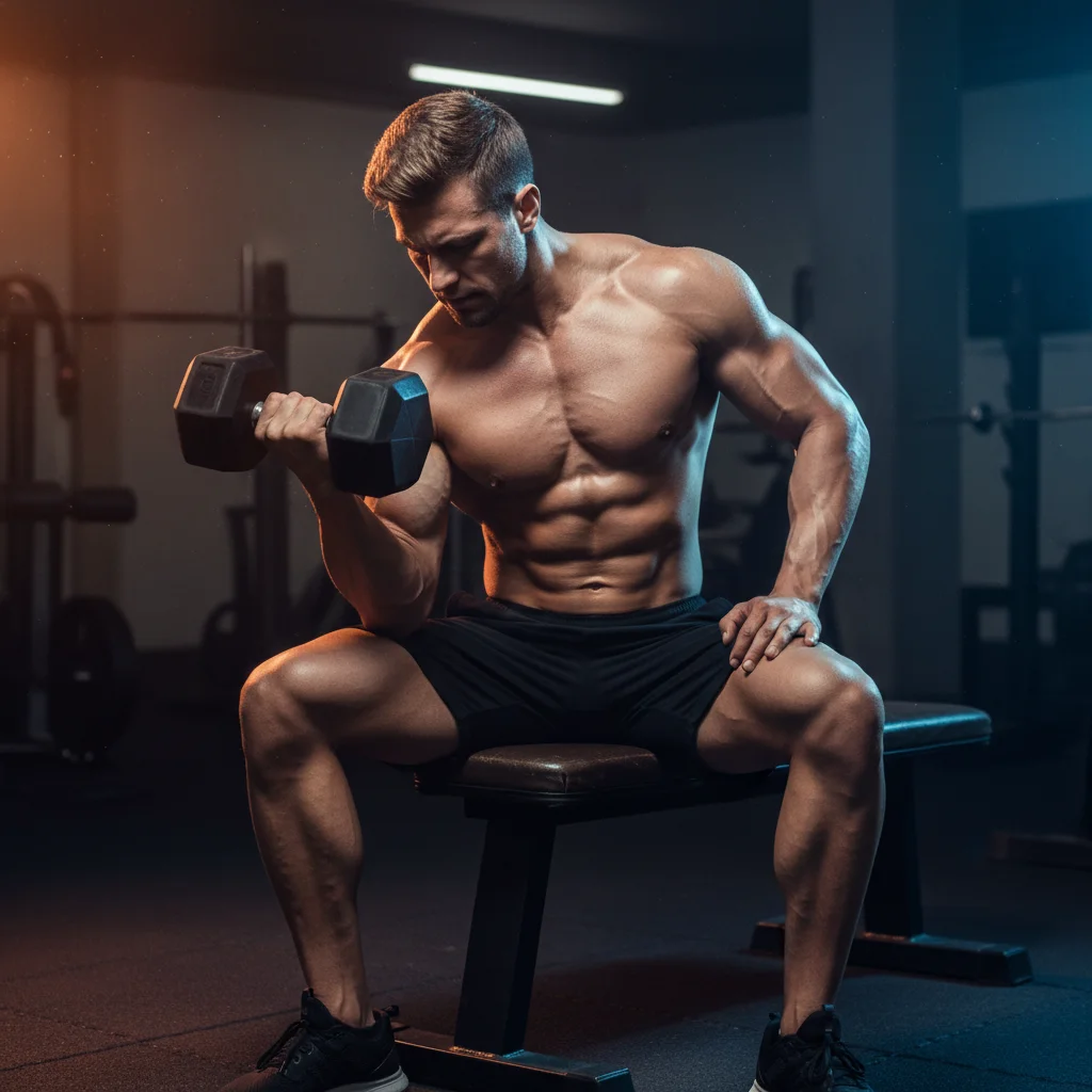 Muscular man seated on a bench performing a one-arm concentration curl with elbow braced against inner thigh and bicep fully contracted