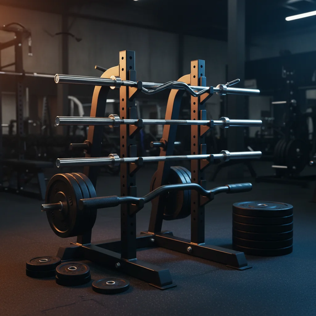 Collection of different curl bars on a gym rack including EZ curl bar and straight curl bar with weight plates nearby