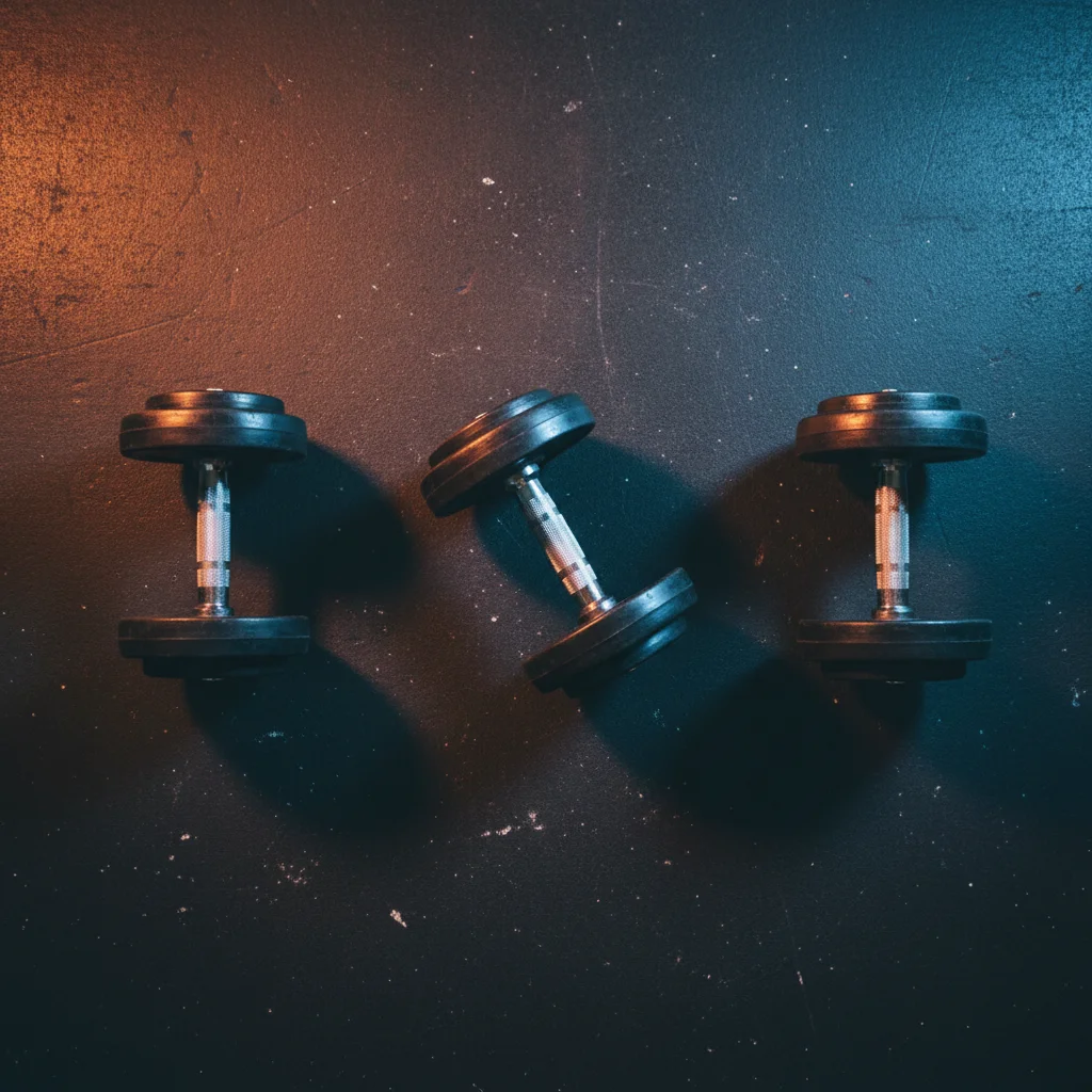 Different dumbbell positions showing curl grip variations including supinated neutral and pronated on a dark gym floor