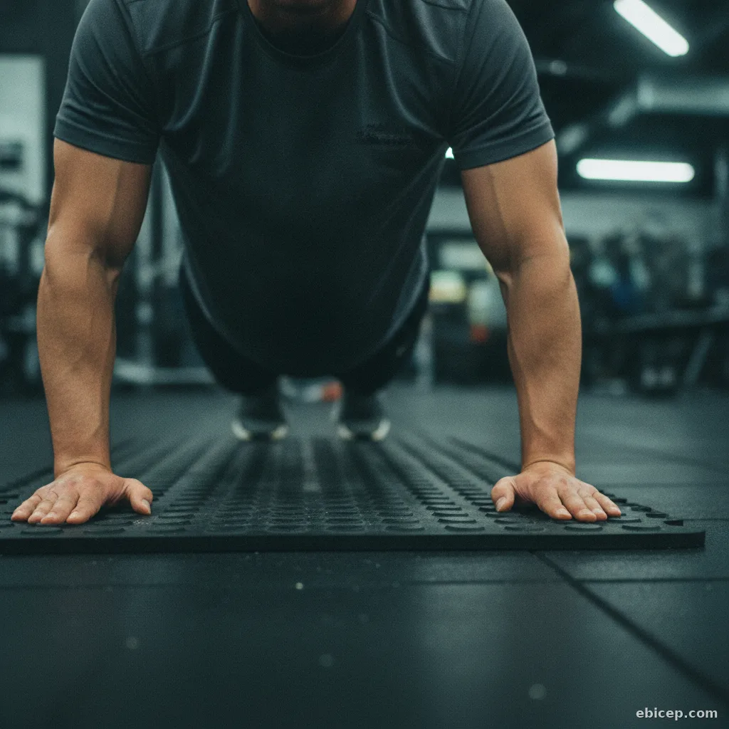 Person at the top of a push-up position on a gym floor showing arms extended