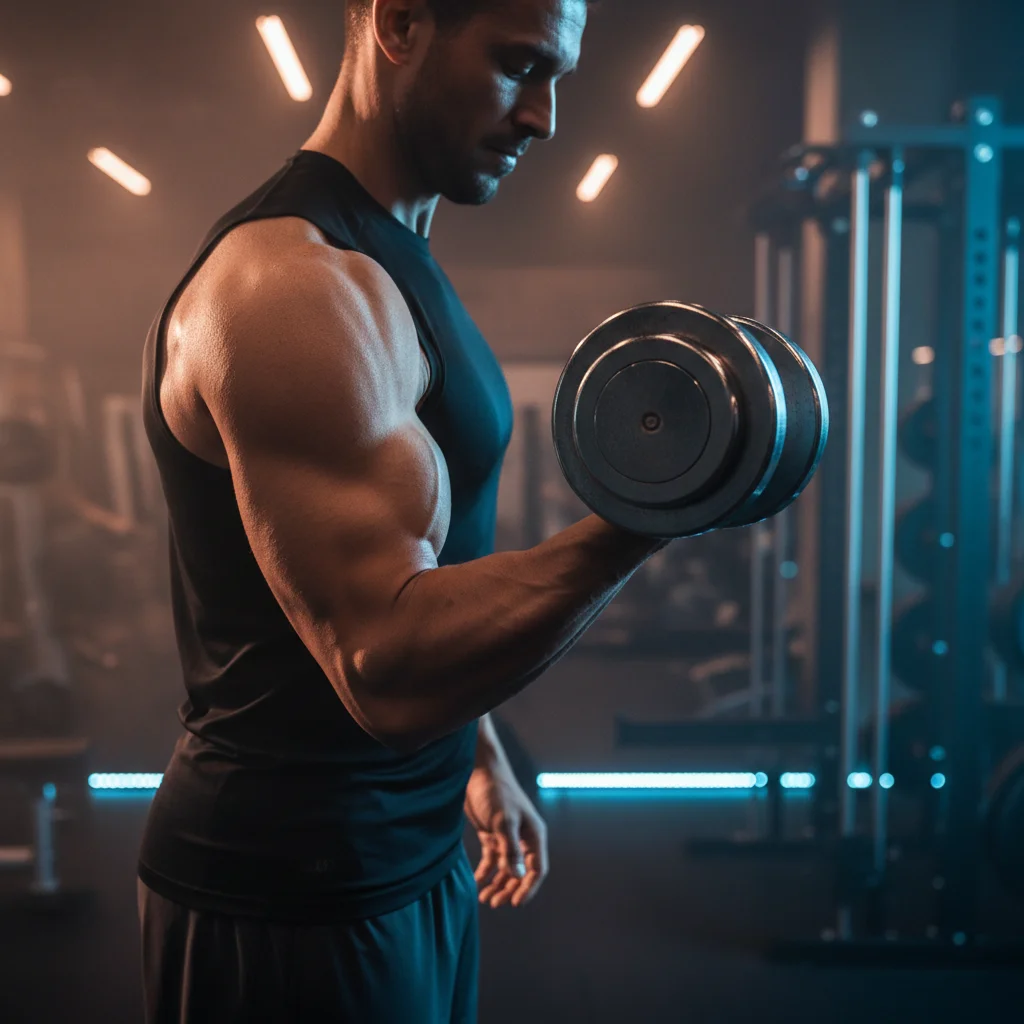 Man performing a dumbbell bicep curl with visible bicep contraction in a moody gym setting