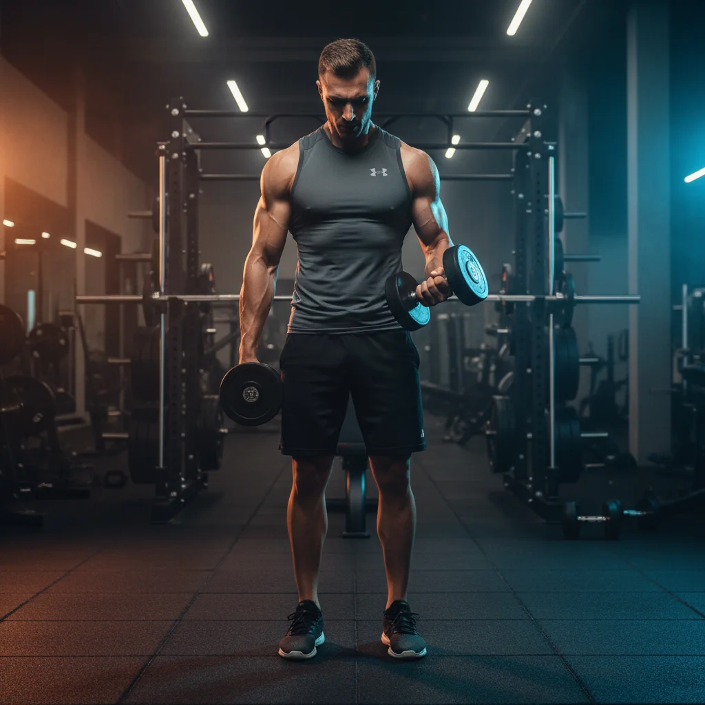 Muscular person performing alternating dumbbell hammer curls while standing with one arm mid-curl in neutral grip
