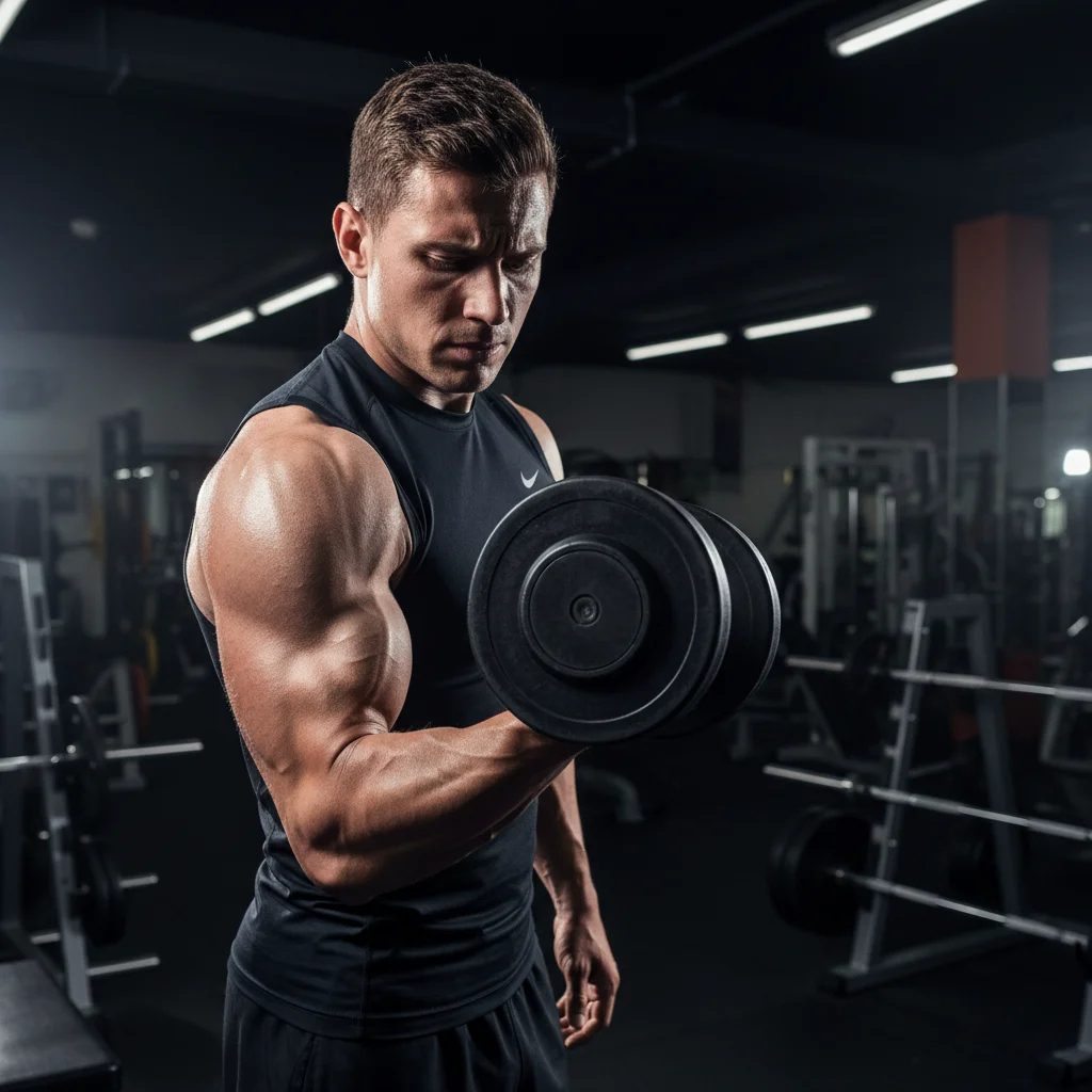 Person pausing mid-curl with a concerned expression checking their inner elbow for pain in a gym setting