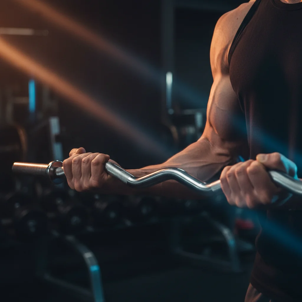 Close-up of hands gripping an EZ curl bar on the angled sections during a bicep curl with biceps contracted