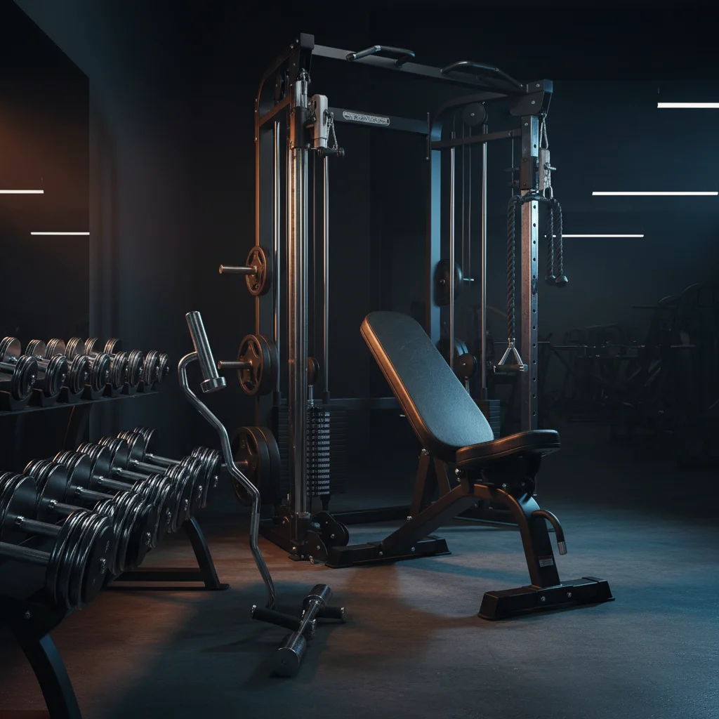 Well-equipped gym corner showing dumbbells curl bars cable machine and preacher bench arranged together