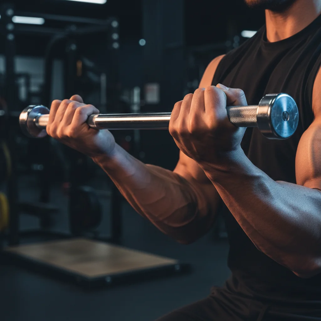 Hands gripping a neutral-grip hammer curl bar with parallel handles at mid-curl position showing forearm engagement