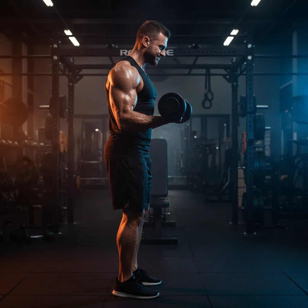 Muscular person performing standing dumbbell hammer curls with neutral grip showing brachialis and forearm engagement