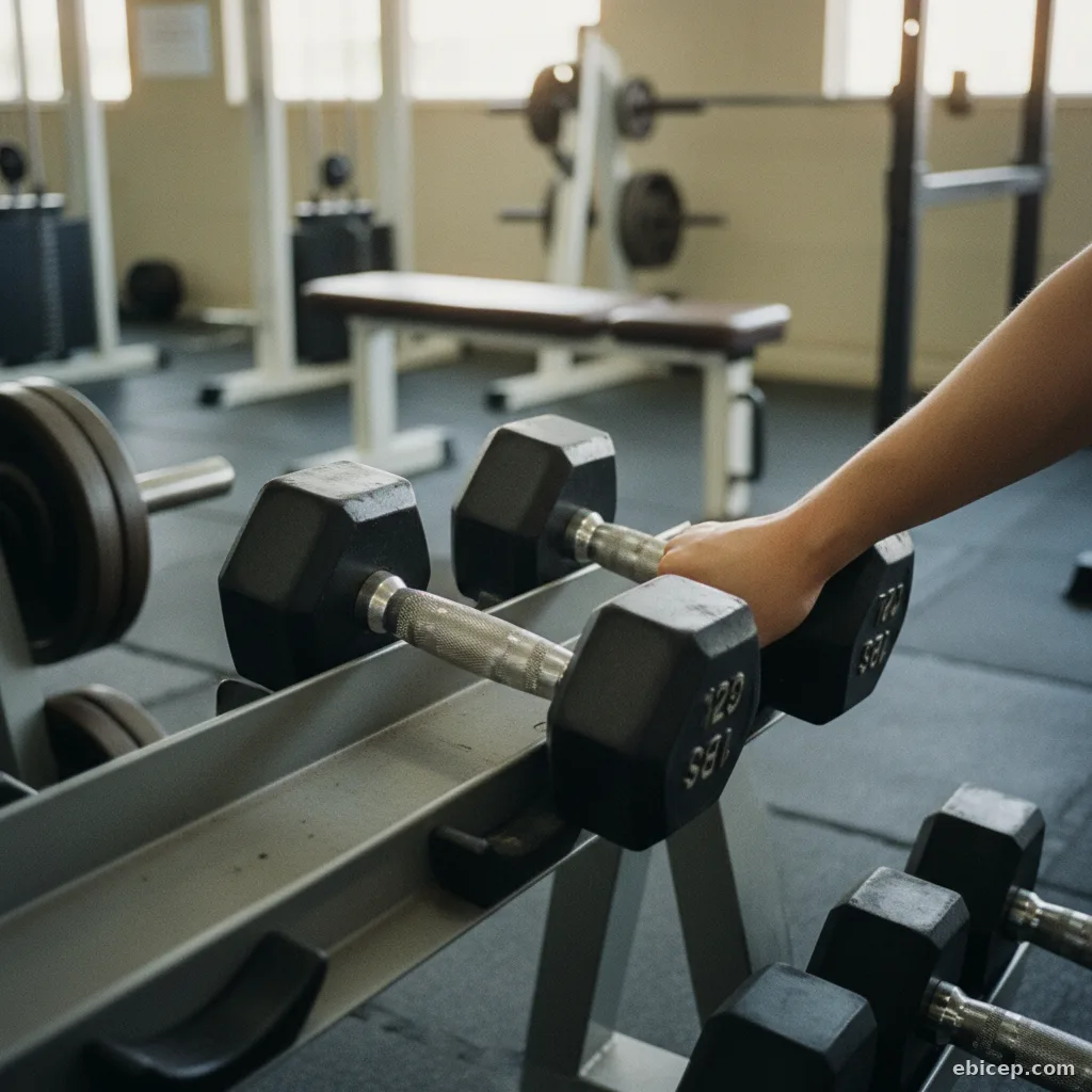 Light dumbbells on a gym rack with a hand reaching to pick one up in a beginner-friendly gym setting