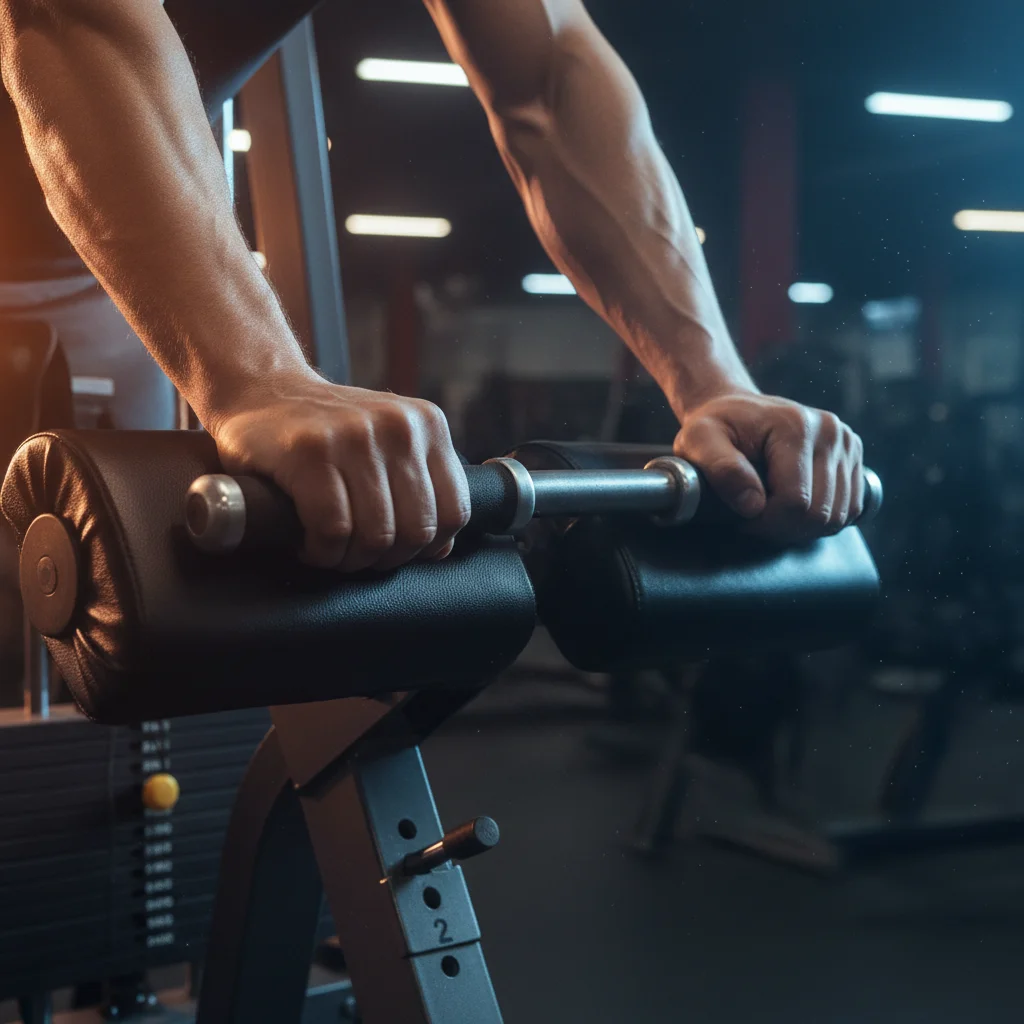 Close-up of hands gripping bicep curl machine handles showing proper hand placement and seat adjustment
