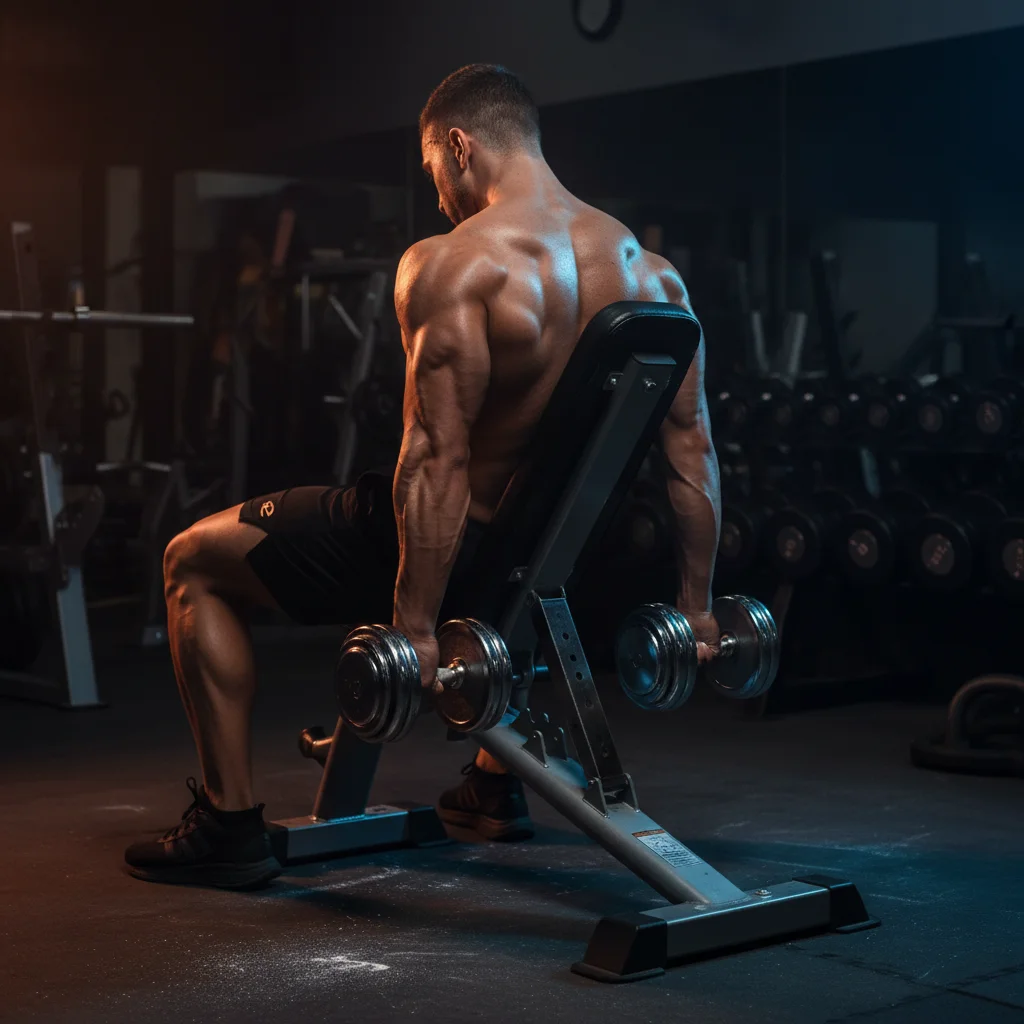 Fit person performing incline dumbbell curls on a 45-degree bench with arms hanging behind torso in the stretched position