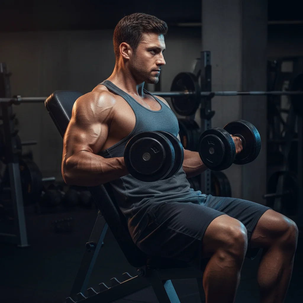 Person sitting on an incline bench at 45 degrees performing incline hammer curls with dumbbells in neutral grip and arms hanging behind torso