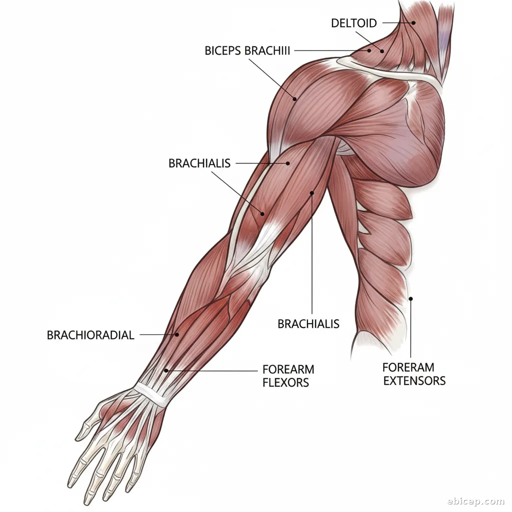 Anatomical illustration of the human arm muscles labeled from shoulder to hand showing biceps, triceps, brachialis, and forearm muscles