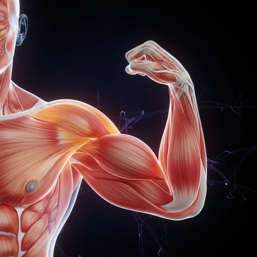 Anatomical visualization of a muscular arm flexing showing the bicep with long head highlighted in orange and short head in red