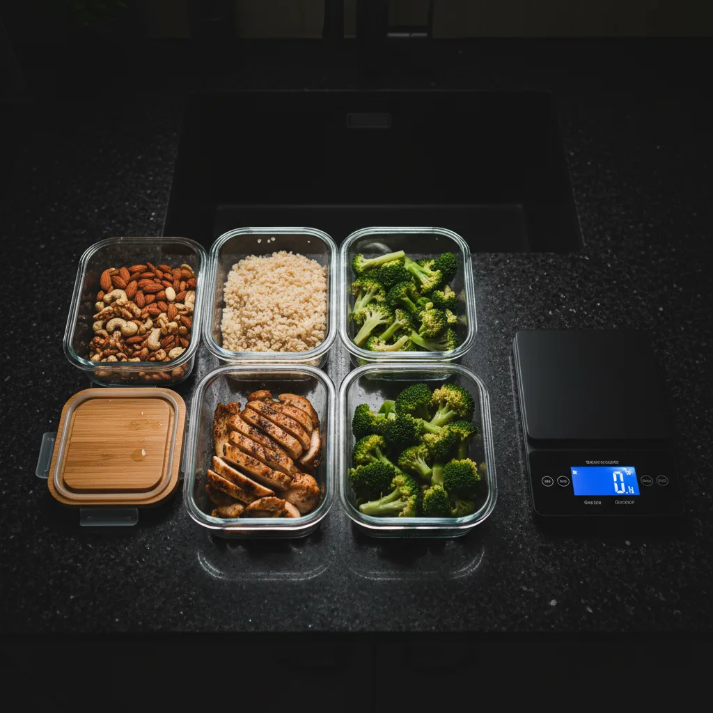 Overhead view of meal prep containers with chicken, rice, and vegetables next to a food scale